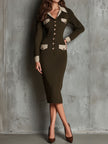 FJØRNA vintage olive knit midi dress with button front, contrast trim, and pockets, styled for a chic, casual look.