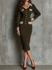 FJØRNA vintage olive knit midi dress with button front, contrast trim, and pockets, styled for a chic, casual look.