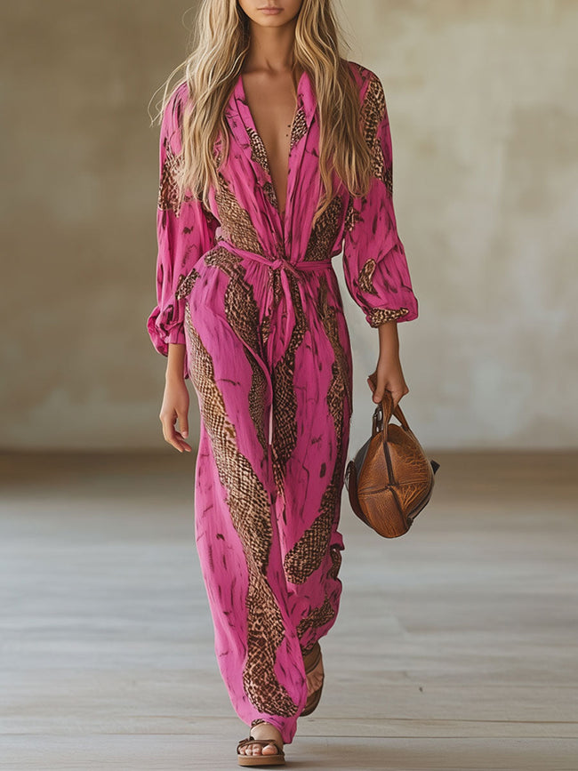Rose red leopard print chiffon long sleeve jumpsuit for women by FJØRNA, featuring stylish design and comfortable fit.