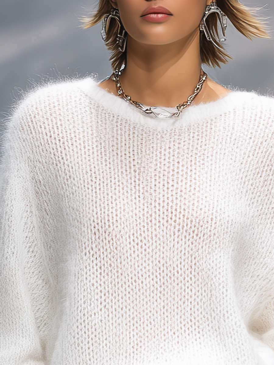 Loose Crew Neck Knit Jumper Sweater Long Sleeve Solid Colour for Women