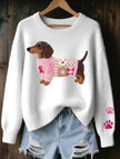 Graphic Knit Sweater Women Crew Neck Dog Print Long Sleeve
