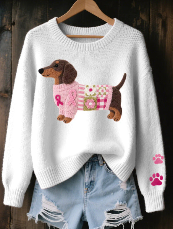 Graphic Knit Sweater Women Crew Neck Dog Print Long Sleeve