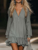 FJØRNA grey v-neck mini dress, casual style, featuring a fitted bodice and short sleeves, ideal for everyday wear.