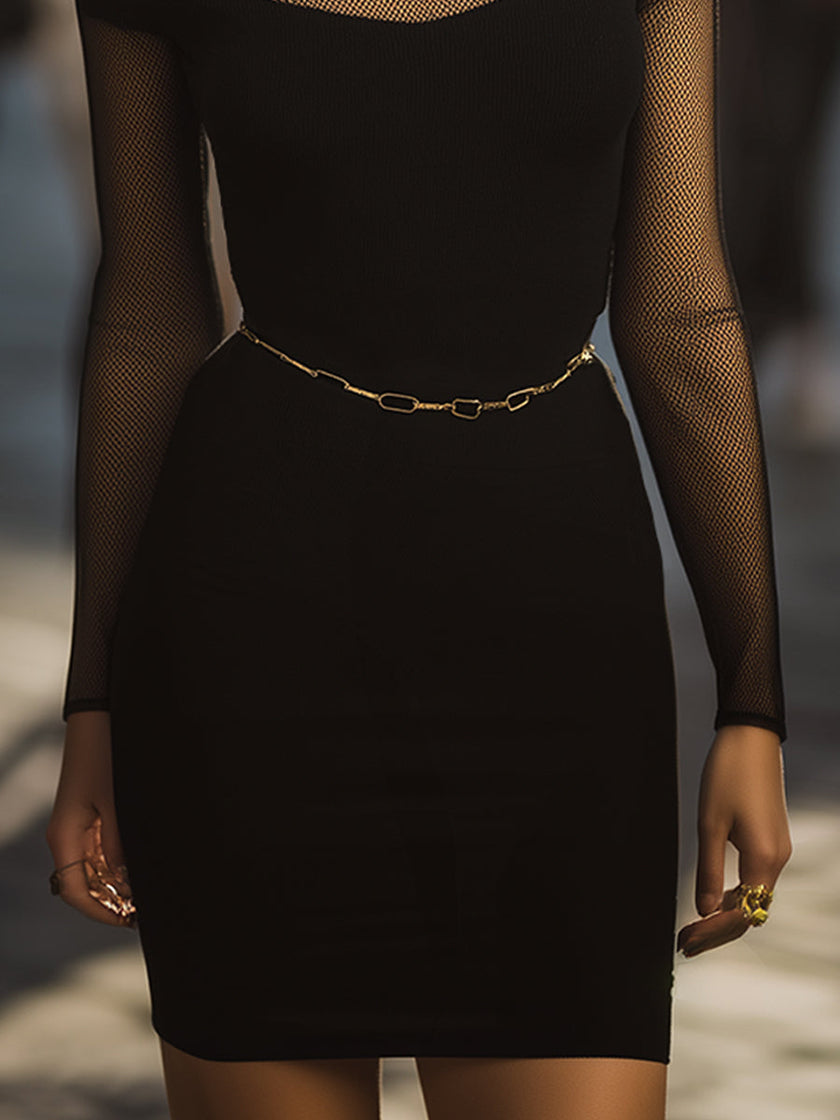 FJØRNA black mesh-panel cutout bodycon dress, stylish cocktail dress with fitted silhouette and modern design, shown on a model.