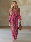 Rose red leopard print chiffon long sleeve jumpsuit for women, stylish and lightweight FJØRNA pants with a bold pattern.