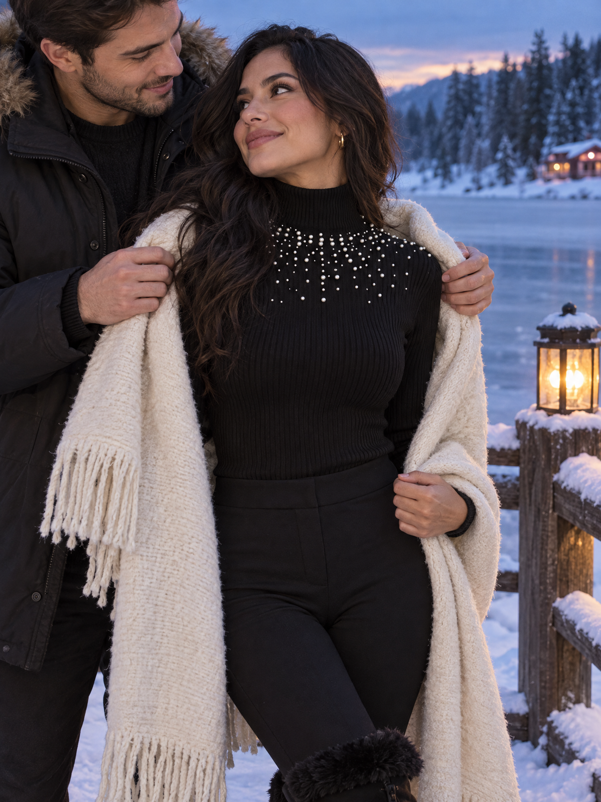 Ribbed Turtleneck Sweater with Pearl Embellishment Long Sleeve for Women