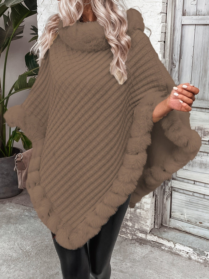 Hanne | Women's Faux-Fur Turtleneck Oversized Knit Poncho