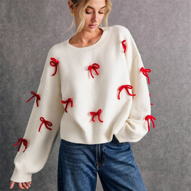 Bow Knit Sweater Women Crew Neck Relaxed Fit