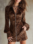 Velvet leopard print mini dress by FJØRNA, featuring a stylish evening dress design with long sleeves and fitted silhouette.