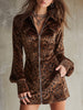 Velvet leopard print mini dress by FJØRNA, featuring a stylish evening dress design with long sleeves and fitted silhouette.