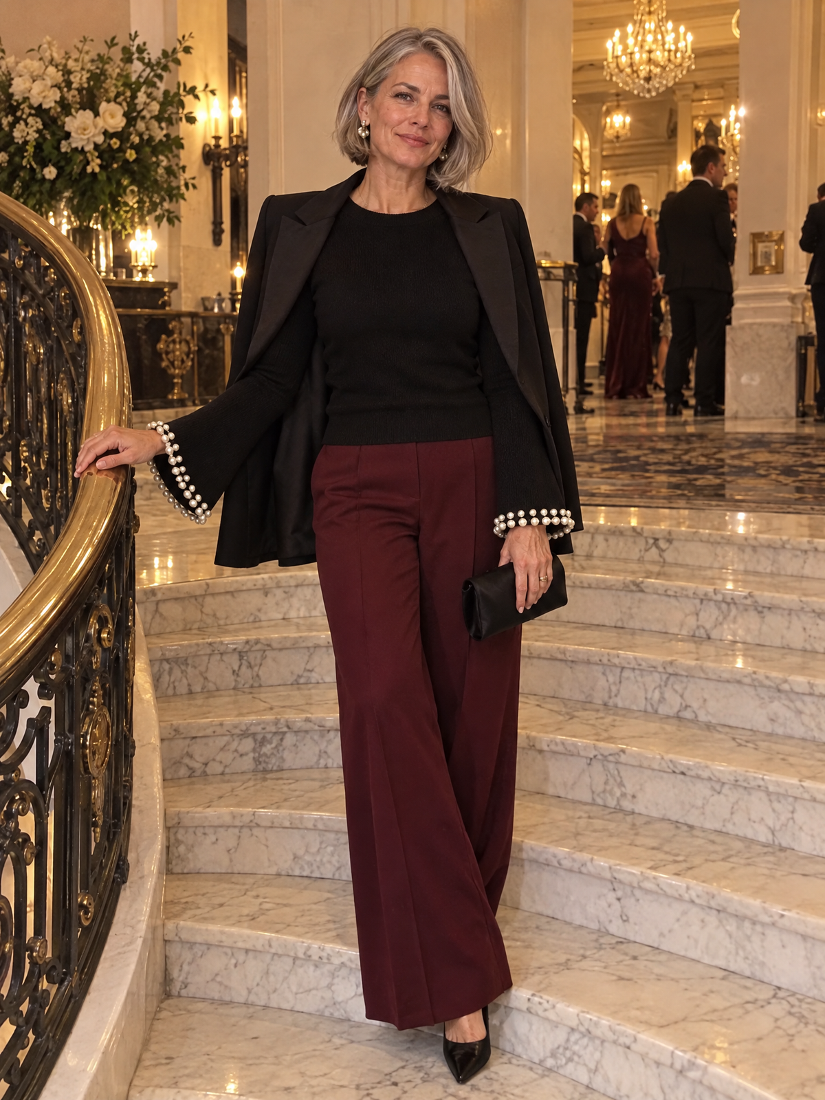 Black Fine-Knit Crew Neck Sweater with Pearl-Embellished Bell Sleeves for Women