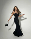 FJØRNA black satin bodycon maxi dress with elegant stretch fabric, slim fit design, ideal for parties and formal events.