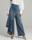 FJØRNA women's high-waisted wide-leg summer trousers with button front, breathable lightweight fabric, perfect for warm weather.