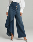 Lightweight high-waisted wide-leg summer trousers for women by FJØRNA, featuring button front and breathable fabric.