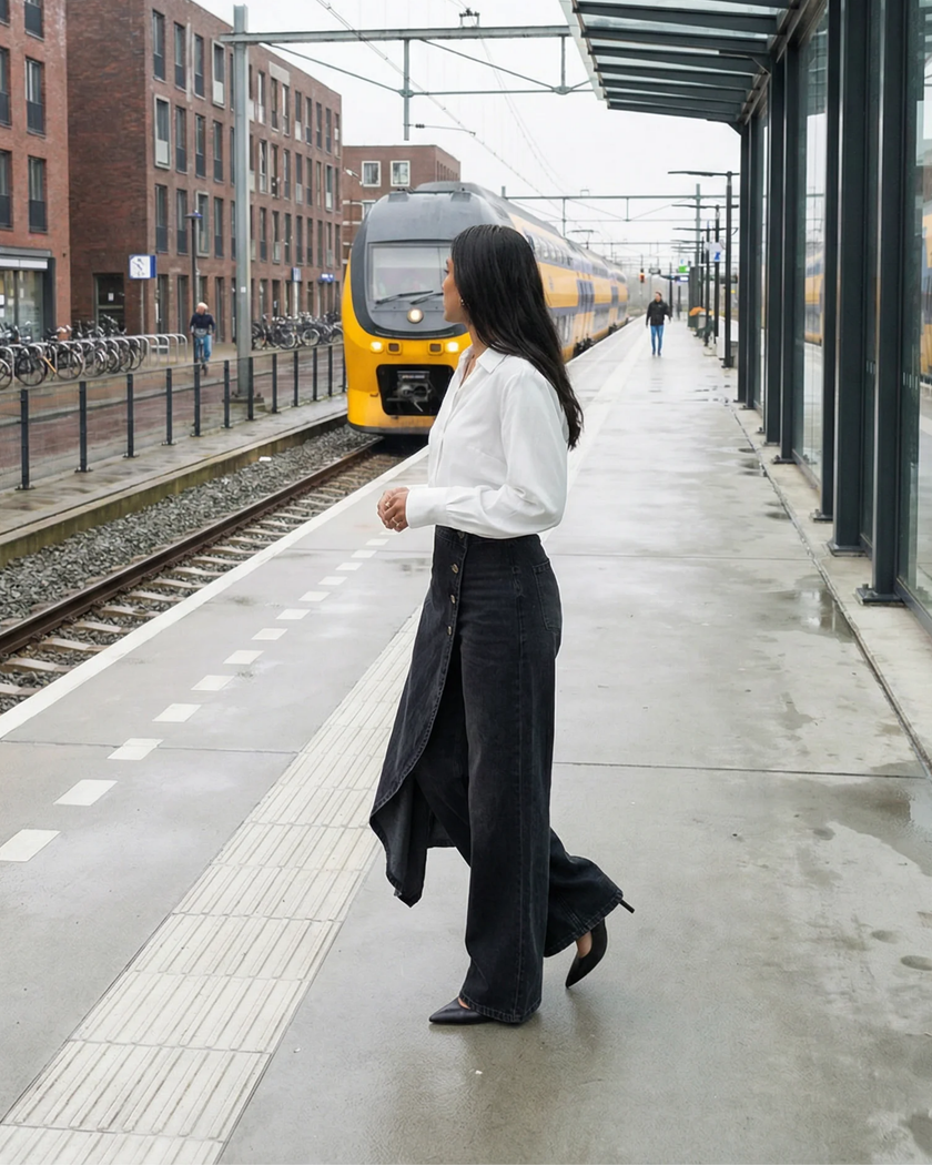FJØRNA women's high-waisted wide-leg summer trousers with button front and breathable fabric, styled for a casual look.