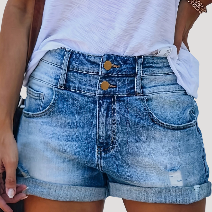 Women’s high waist summer shorts by FJØRNA with button front, lightweight fabric, and casual fit perfect for warm weather.