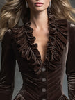 FJØRNA Cocoa Brown Velvet V-Neck Ruffled Long Sleeve Blouse displayed on a hanger, featuring a soft velvet fabric and ruffled cuffs.