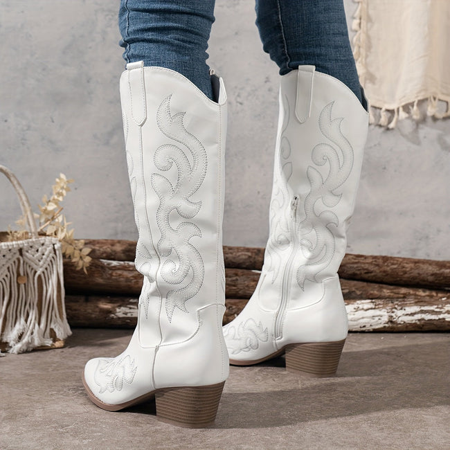 Cowboy Boots Embroidered Knee High Block Heel Pointed Toe Western Boots | Nanna
