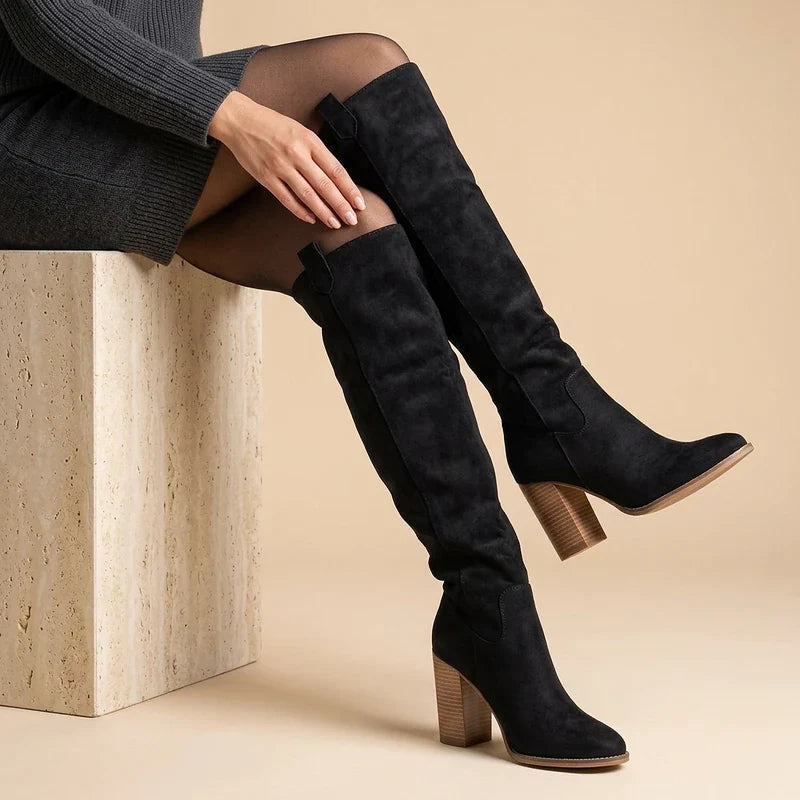 Pull-On Knee-High Suede-Look Boots with Chunky Block Heel and Almond Toe for Women | Wren