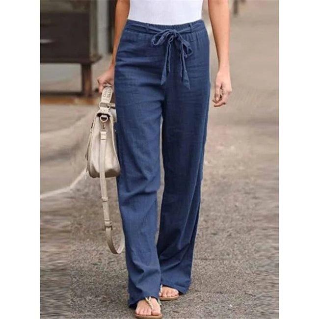FJØRNA women's lightweight summer trousers with wide-leg design and drawstring waist, casual and comfortable for warm weather.