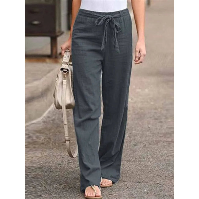FJØRNA women's lightweight summer trousers with wide-leg fit and drawstring waist, casual and comfortable for warm weather.