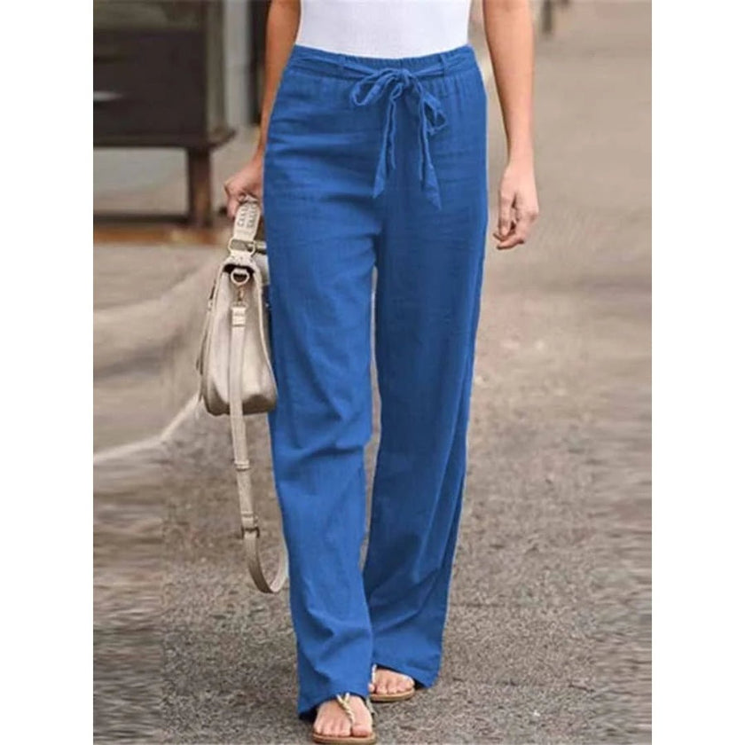 FJØRNA women's lightweight summer trousers with wide-leg fit and drawstring waist, casual and comfortable for warm weather.