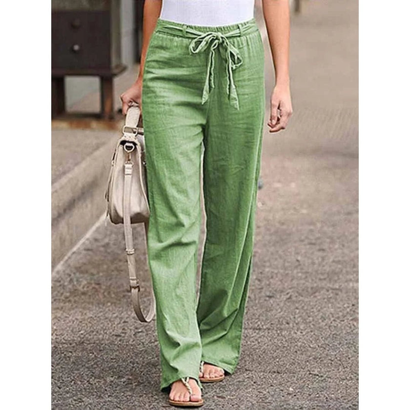 Lightweight women's summer trousers by FJØRNA with wide leg and drawstring waist, perfect for casual warm-weather wear.