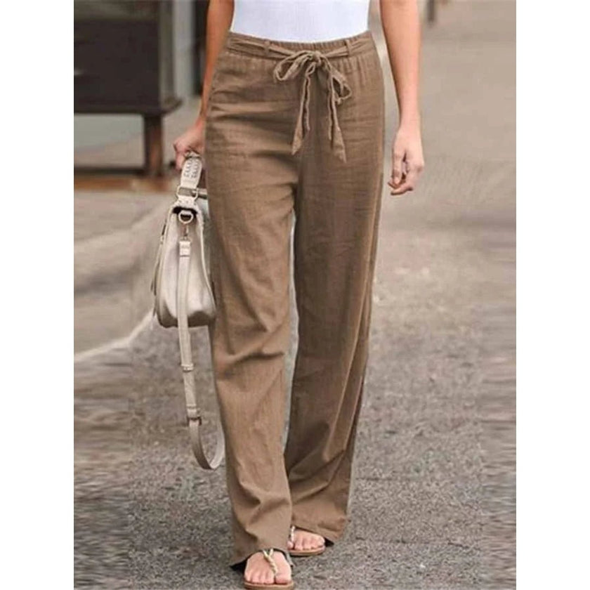 FJØRNA women's lightweight summer trousers with wide leg and drawstring, casual and breathable for warm weather.