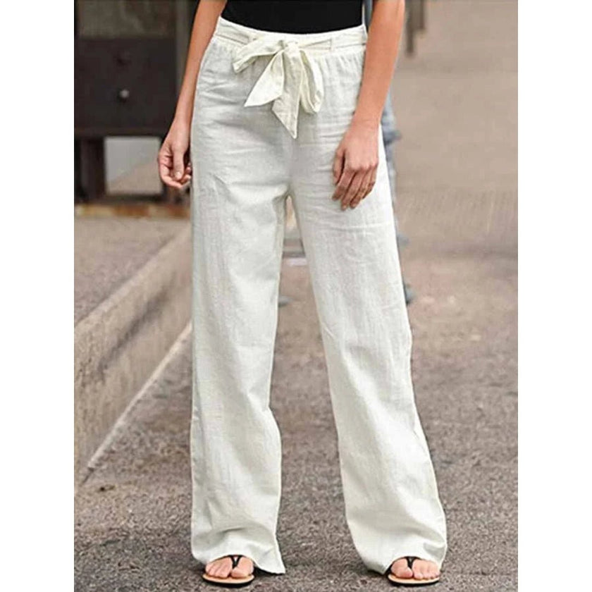 FJØRNA women's lightweight summer trousers with wide leg cut and drawstring waist, perfect for casual warm-weather wear.