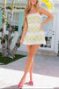 FJØRNA Catalina Mini Palm Lattice Lime white mini dress with tropical palm print, fitted silhouette, and adjustable straps.