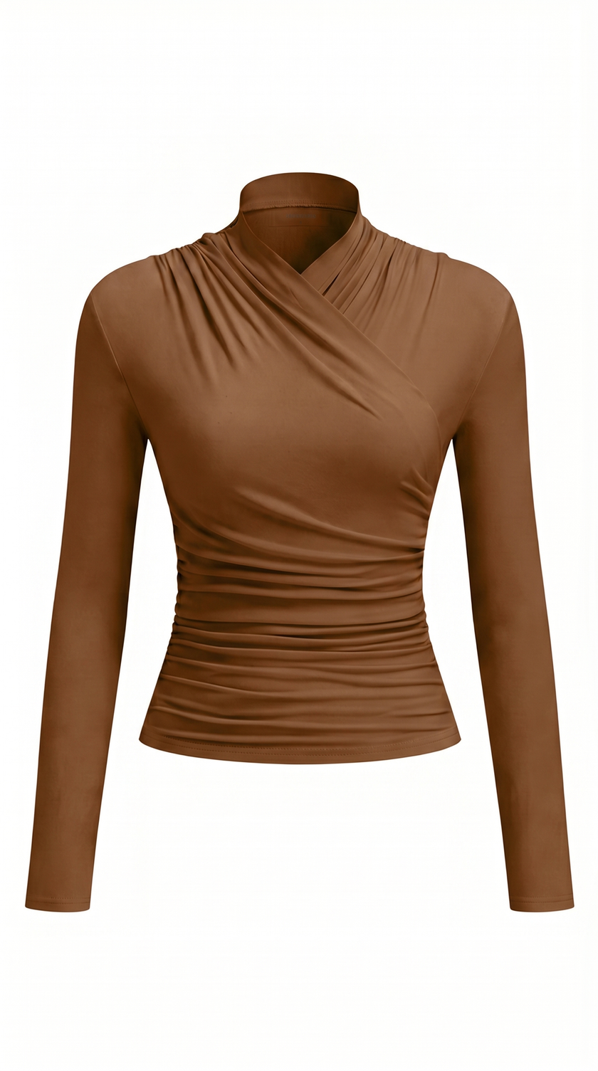 T-Shirt Women Draped Collar Pleated Waist Short Sleeve