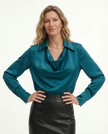 FJØRNA women's white satin cowl-neck long-sleeve blouse, elegant top with draped neckline and smooth fabric.