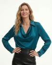 White satin cowl-neck long-sleeve blouse for women by FJØRNA, featuring a smooth fabric and elegant drape.