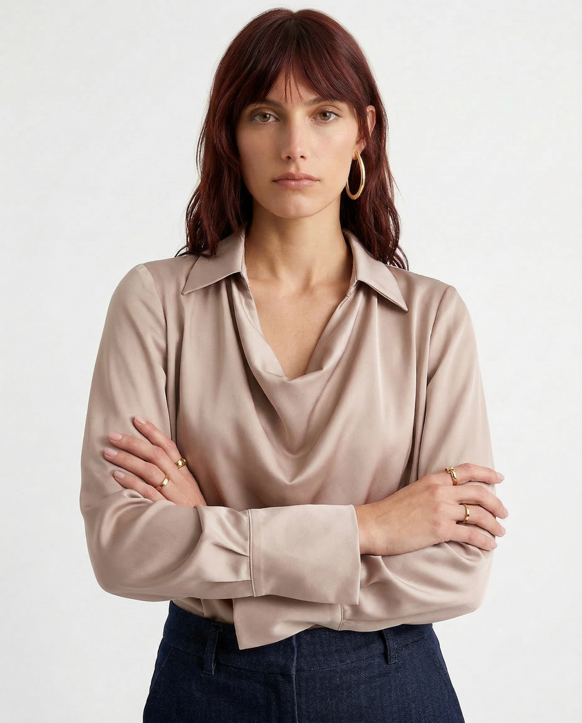 White satin cowl-neck long-sleeve blouse for women by FJØRNA, featuring a stylish and elegant top with a smooth satin finish.
