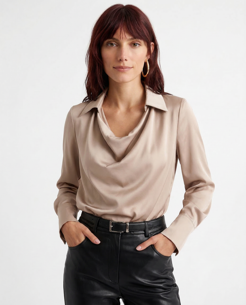 FJØRNA women's white satin cowl-neck long-sleeve blouse, elegant top with draped neckline and soft fabric for stylish women’s fashion.