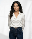 FJØRNA satin cowl-neck long-sleeve white blouse for women, stylish and elegant top with draped neckline and soft fabric.