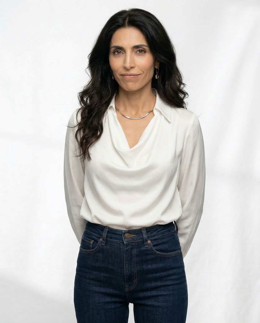 FJØRNA satin cowl-neck long-sleeve white blouse for women, stylish and elegant top with draped neckline and soft fabric.