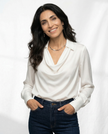 White satin cowl-neck long-sleeve blouse for women by FJØRNA, stylish top with smooth fabric and elegant drape.