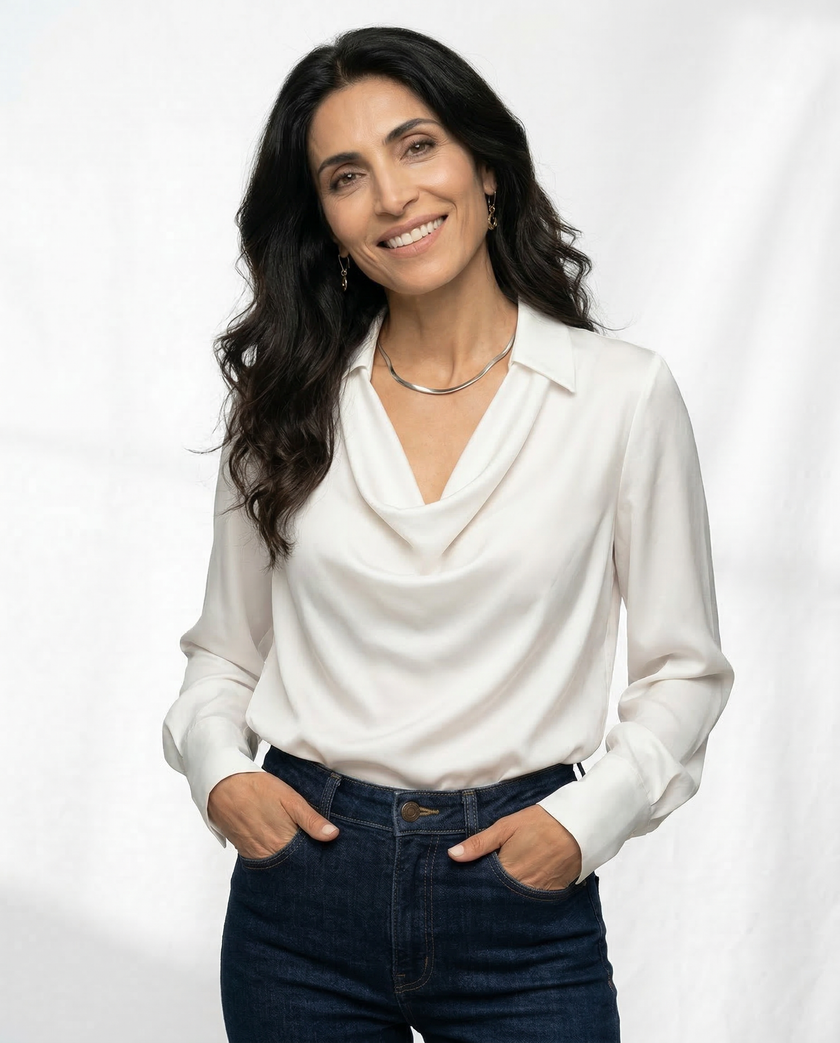 White satin cowl-neck long-sleeve blouse for women by FJØRNA, stylish top with smooth fabric and elegant drape.