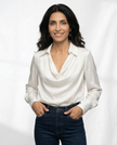 FJØRNA women's satin cowl-neck long-sleeve white blouse, elegant and smooth fabric, stylish top for women.