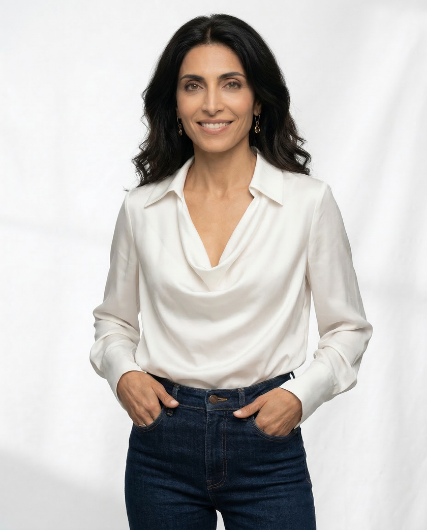 FJØRNA women's satin cowl-neck long-sleeve white blouse, elegant and smooth fabric, stylish top for women.
