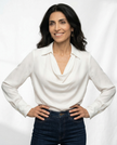 FJØRNA women's white satin cowl-neck long-sleeve blouse, elegant top with draped neckline and smooth satin fabric.