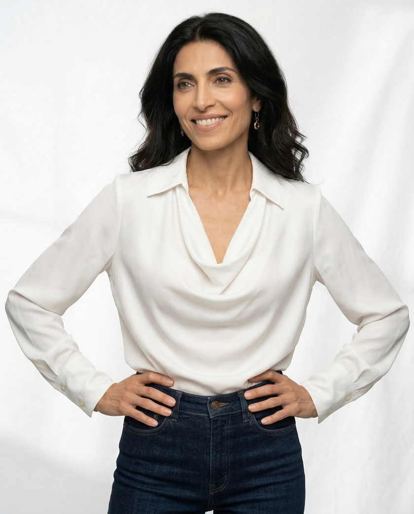 FJØRNA women's white satin cowl-neck long-sleeve blouse, elegant top with draped neckline and smooth satin fabric.