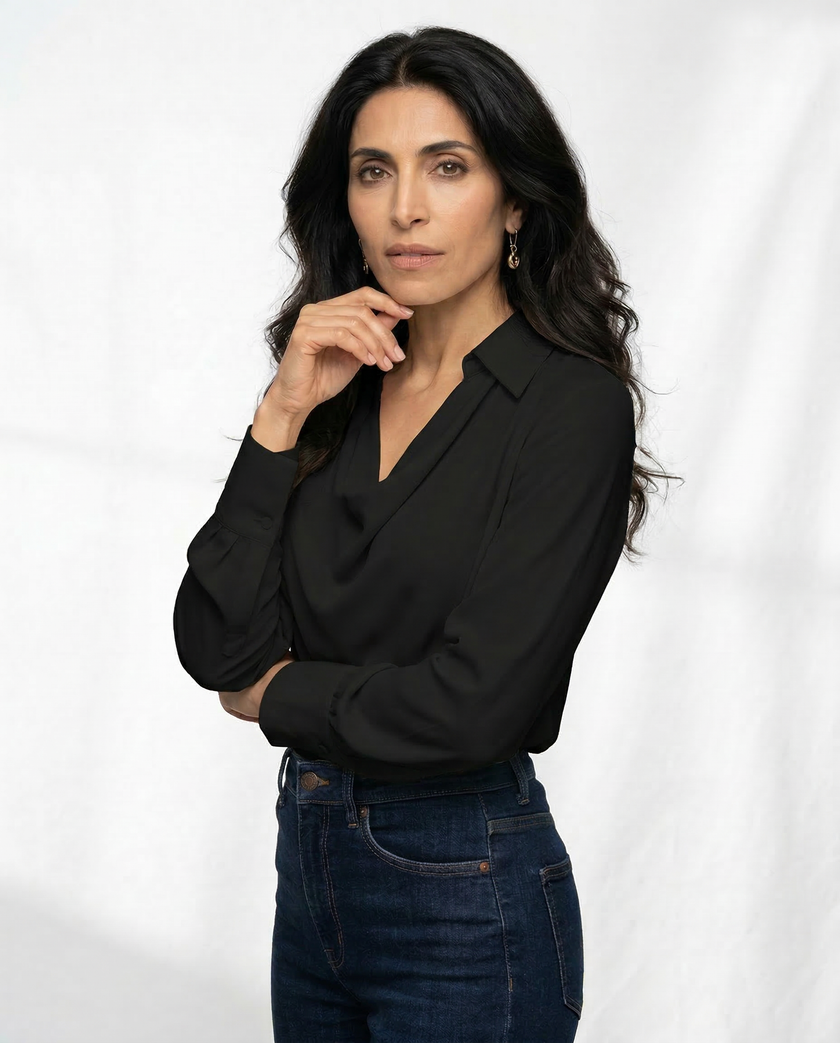 FJØRNA women's white satin cowl-neck long-sleeve blouse, elegant top with soft fabric and stylish draped neckline.