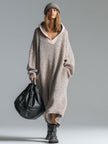 FJØRNA grey knit floral midi dress for women, featuring a soft knit fabric and a feminine floral pattern.