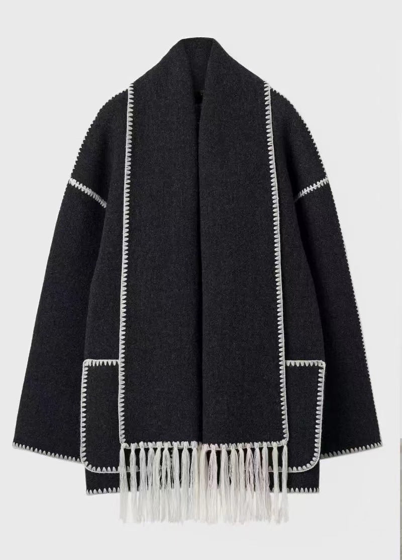 Cape Coat Open Front Fringe Hem Contrast Trim Oversized Poncho Wrap | Fenna