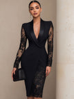 FJØRNA black blazer-style lace midi dress, elegant cocktail dress with tailored fit and intricate lace details, perfect for evening events.