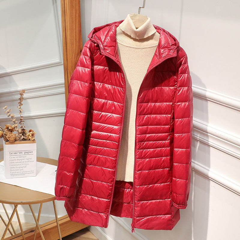 Quilted Jacket Women Hooded Zip Front Lightweight Mid-Length