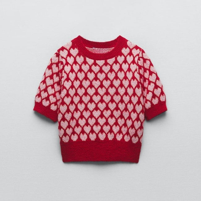 Makayla | Women's Crew Neck Heart Print Sweater Pullover with Knit for Everyday