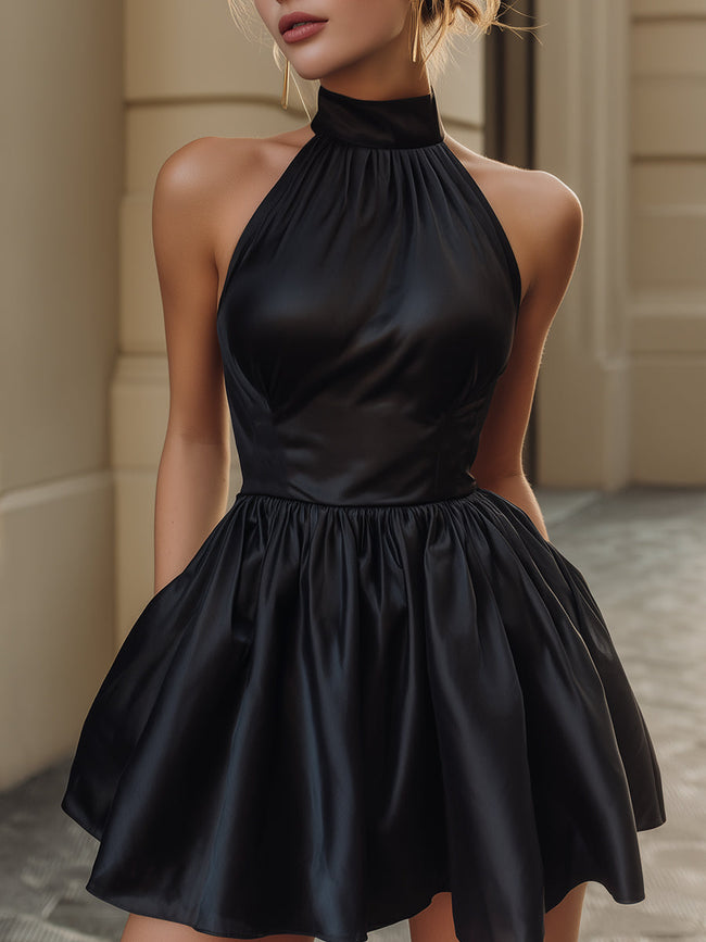 FJØRNA satin high-neck bubble mini dress for cocktail events, featuring a sleek design and elegant high neckline.
